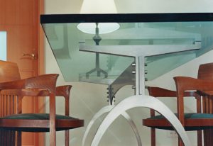 modern custom designed desk glass top curved metal base